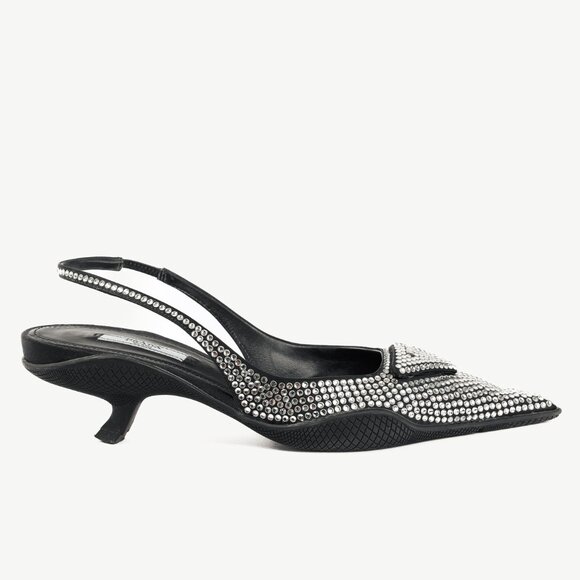 Prada Black Satin Crystal Sling-Back Pumps - Picture 1 of 11